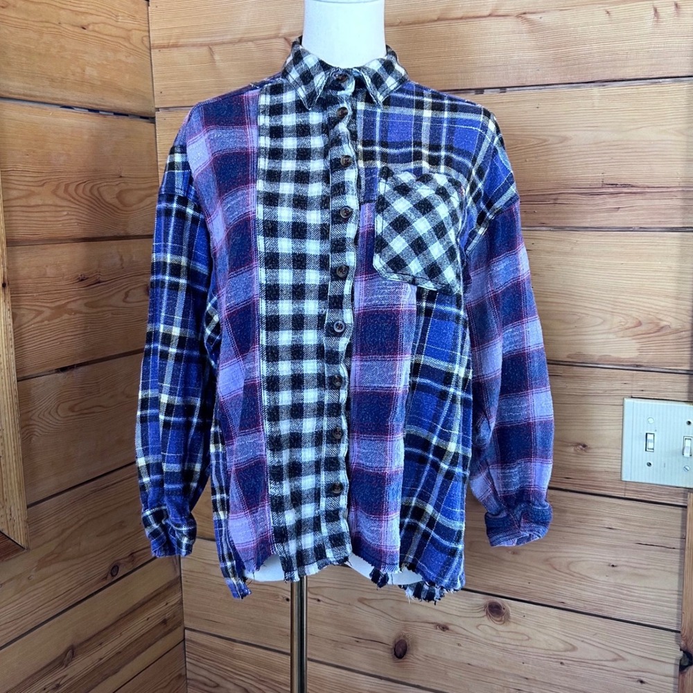 Patchwork Flannel Spliced Plaid Shacket Womens Extra Small Blue Distressed BDG